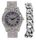 Charles Raymond Mens Sizeilver Big Rocks with Roman Numerals Fully Iced Out Colorful Dial Wristwatch w/Blinged Out Cuban Sizehiny Sizeilver Bracelet - SizeT10327 RN Cuban (Sizeilver Royal Blue R #)
