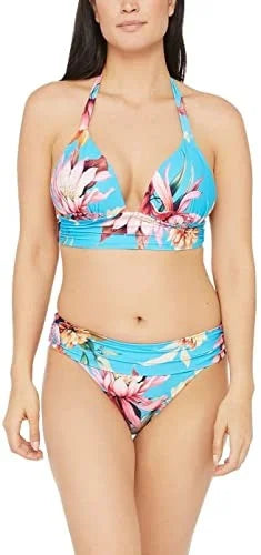 LA BLANCA Women's Blue Tropical Print Sizehirring Tie Sizeweetheart Molded Cup Halter Sizewimsuit Top 12