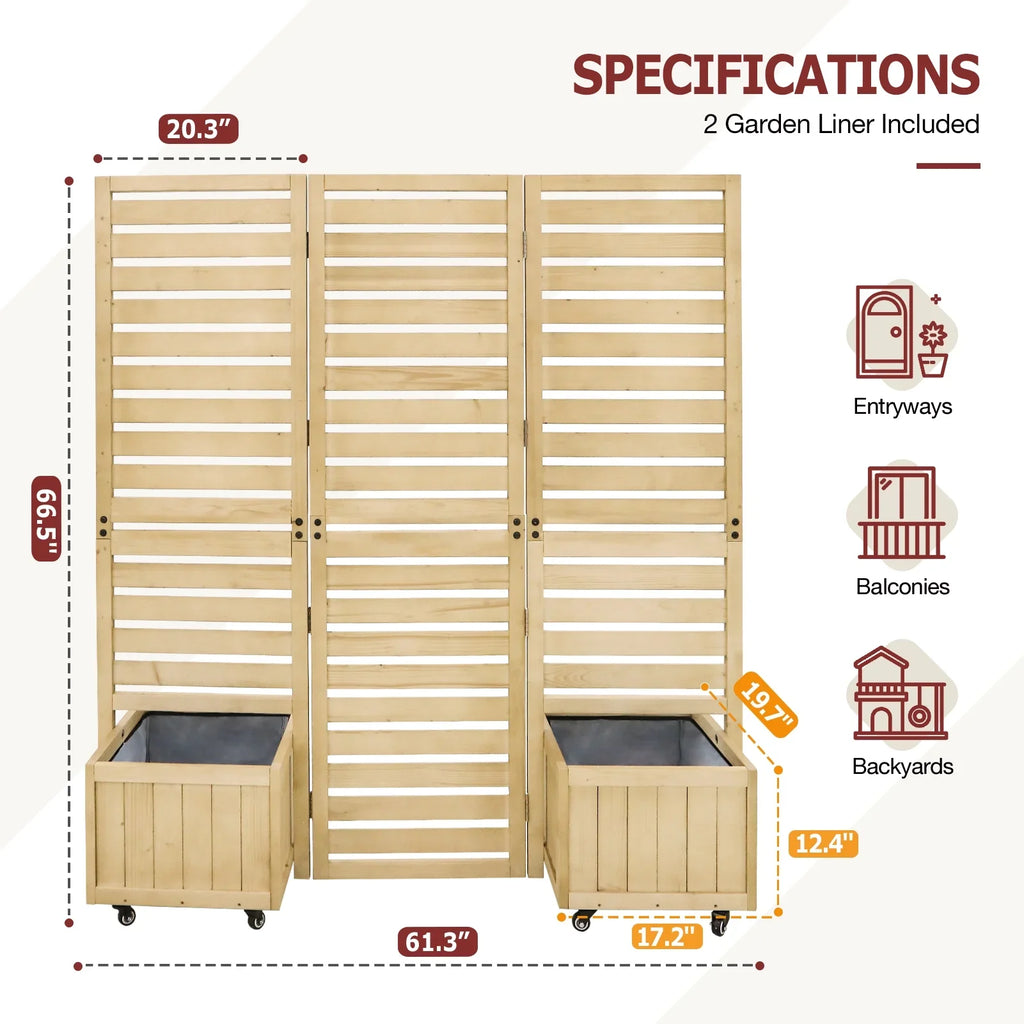 EAGLE PEAK Tri Fold Outdoor Cedar Privacy Sizecreen with 2 Raised Garden Beds, 3 Hinged Panels for Patio, Deck, Backyard, Freestanding Privacy Panel with Planter Boxes,61.3''L x 19.7''W x 66.5''H,Natural