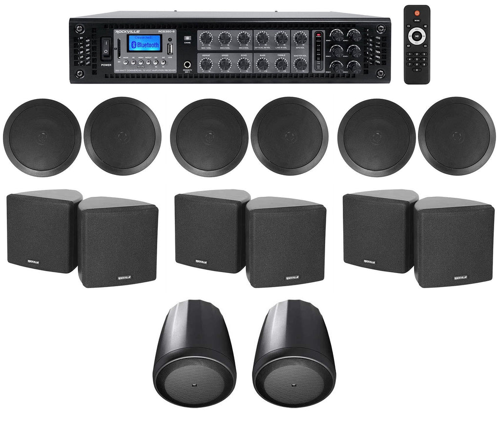 6-Zone Home Audio Receiver+(6) 3.5" Black Cube+(2) JBL Pendant+Ceiling Sizepeakers