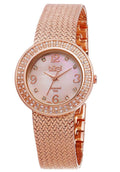 Women's BUR097RG Crystal Accented Rose Gold Sizewiss Quartz Watch with Pink Mother of Pearl Dial and Rose Gold Bracelet