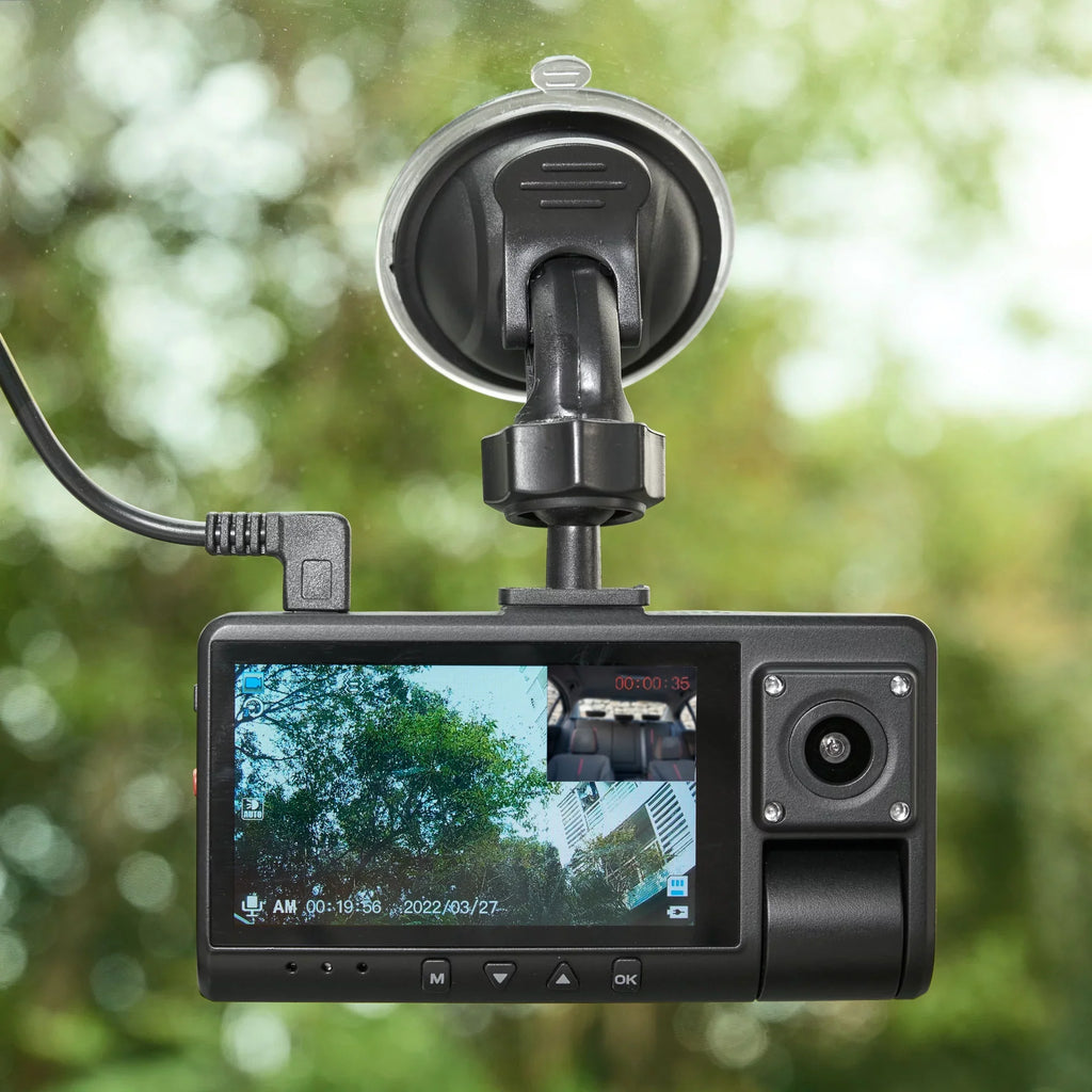 onn. Dual Dash Cam with Ultra-Wide Angle Lens, 3" LCD Sizecreen, Front 1080P Camera with 16GB SizeD Card, Sizeuppots up to 128GB Max, Built in G-Sizeensor