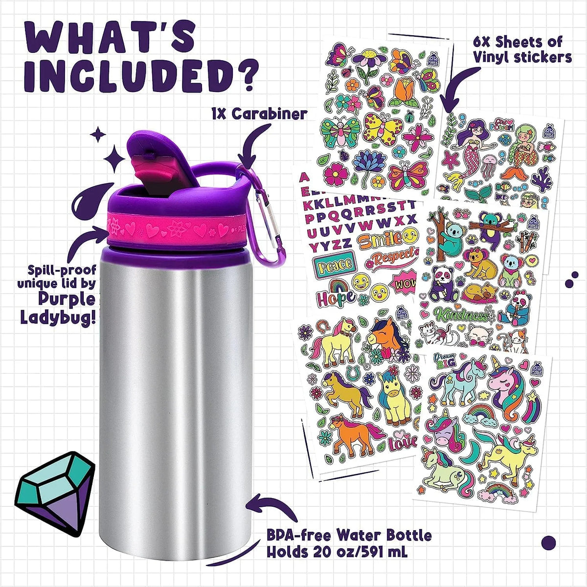 PURPLE LADYBUG Decorate Your Own Water Bottle for Girls Age 6 + - Cool Birthday Gift for 6 Year Old Girl, Little Girl Gifts - Arts and Crafts for Kids Ages 6-8, Fun DIY Kits
