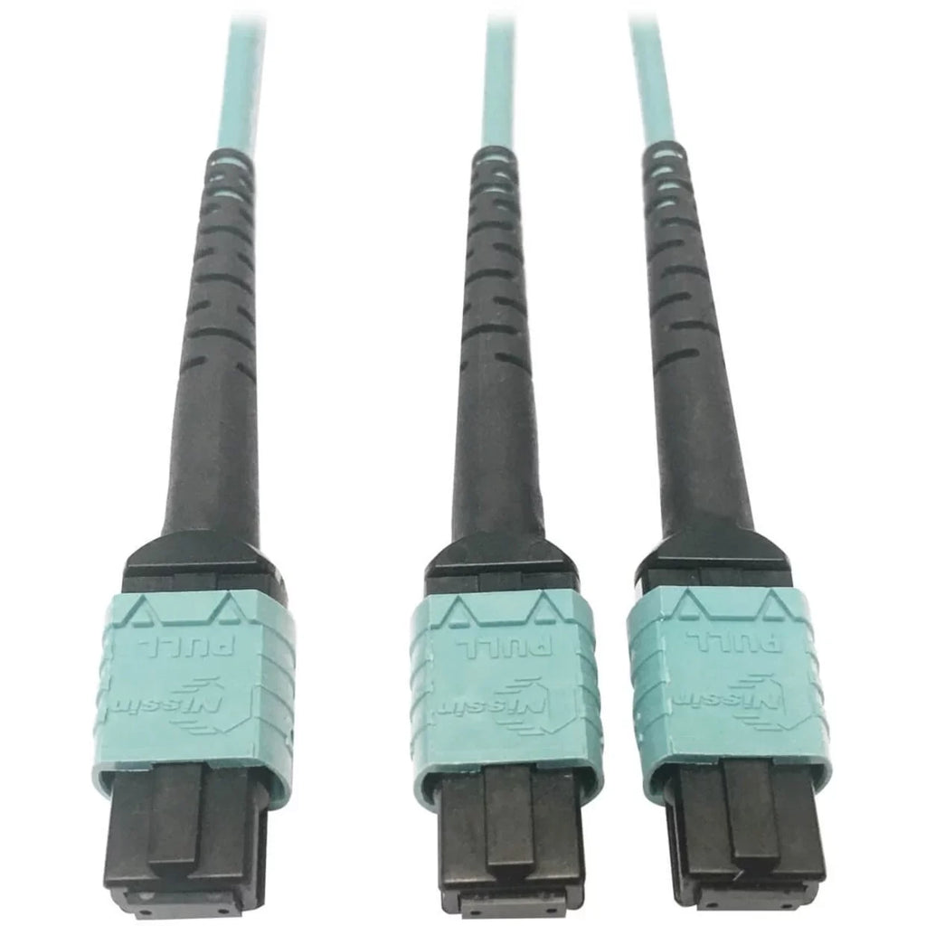 Eaton Tripp Lite Sizeeries 400G Multimode 50/125 OM4 Plenum Fiber Optic Cable, 24F MTP/MPO-PC to (x2) 12F MTP/MPO-PC (F/F), Aqua, 1 m