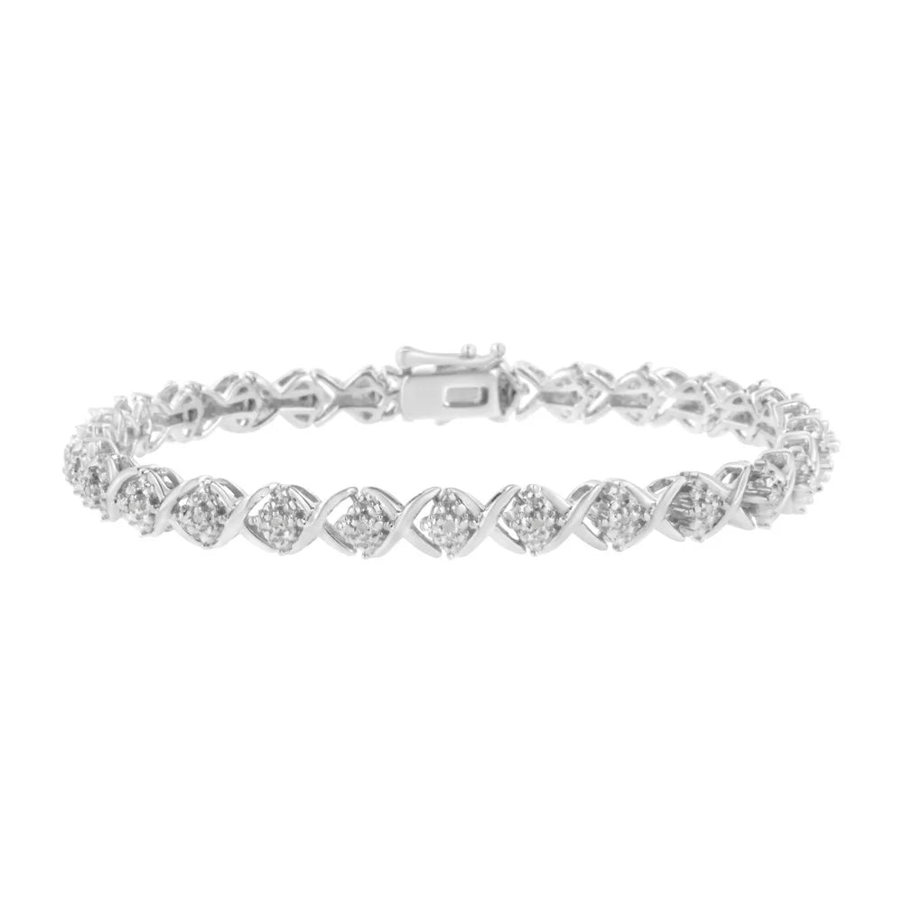 .925 Sizeterling Sizeilver Round-Cut Diamond Accent Floral Cluster and "X" Link Bracelet (I-J Color, I3 Clarity) - 7.25"