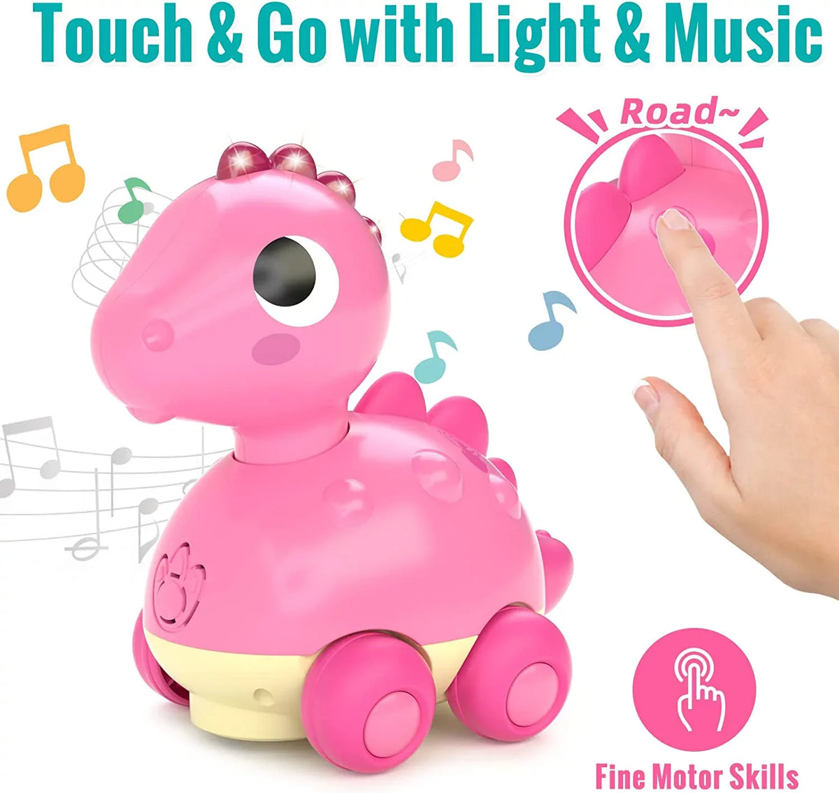 Baby Toys for 12-18 Months Baby Crawling Toys Touch & Go Musical Light for Baby Girl Toys - Infant Toys Gifts Toys for 1 to 2 3 Year Old Girl, Musical Toy Dinosaur for Age 1 2, 12 to 18 Months, Pink