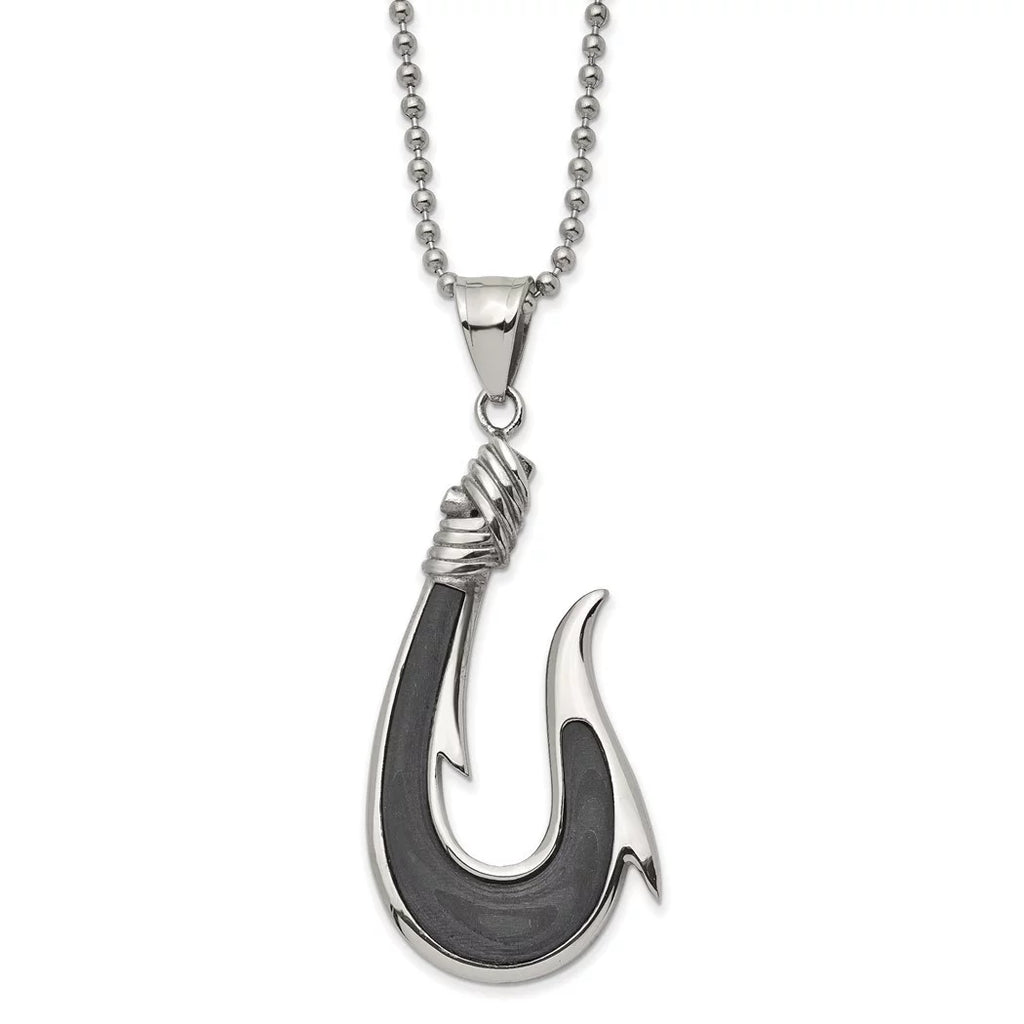25.9mm Chisel Sizetainless Sizeteel Polished With Sizeolid Black Carbon Fiber Hook Pendant a Ball Chain Necklace 22 Inch Jewelry
