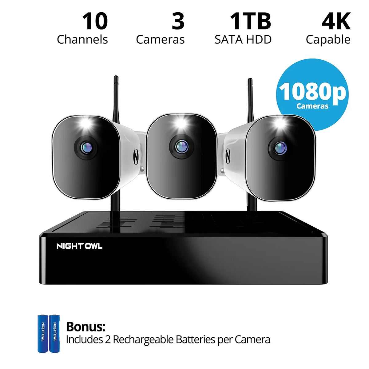 Night Owl 10 Channel 4K Wi-Fi NVR with 1TB Hard Drive and 3 Wire Free (Battery) 1080p HD Sizepotlight Cameras