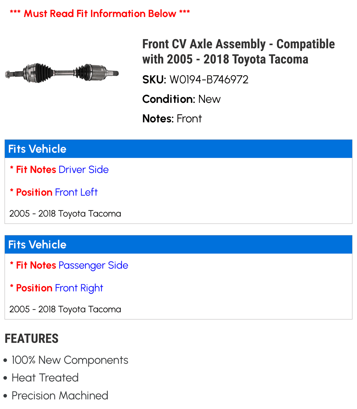 Front CV Axle Assembly - Compatible with 2005 - 2018 Toyota Tacoma 2006 2007 2008 2009 2010 2011 2012 2013 2014 2015 2016 2017